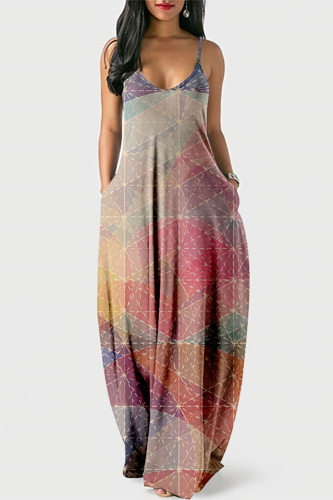 Pink Casual Print Patchwork Pocket Spaghetti Strap Lantern Skirt Dresses