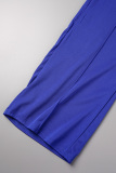 Blue Casual Solid Patchwork Off the Shoulder Regular Jumpsuits