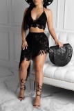 Black Sexy Solid Tassel Bandage Hollowed Out Backless Swimwears