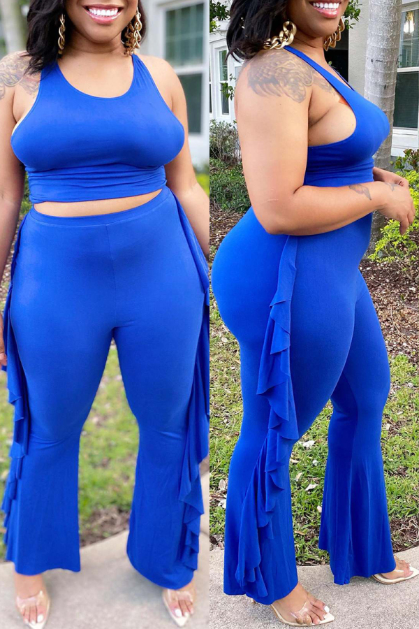 Blue Casual Solid Basic O Neck Plus Size Two Pieces