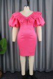 Rose Red Elegant Formal Solid Patchwork V Neck Short Sleeve Dress Dresses