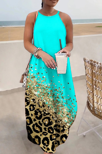 Cyan Casual Print Basic O Neck Long Dress Dresses