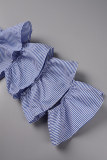 Light Blue Casual Striped Print Patchwork Shirt Collar Long Sleeve Dresses