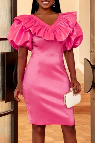 Rose Red Elegant Formal Solid Patchwork V Neck Short Sleeve Dress Dresses