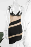Black Sexy Street Party Color Lump Patchwork See-through Spaghetti Strap Pencil Skirt Dresses