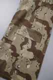 Khaki Casual Camouflage Print Patchwork Skinny Mid Waist Conventional Full Print Shorts