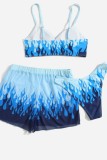 Royal Blue Sexy Print Backless Swimsuit Three Piece Set (With Paddings)