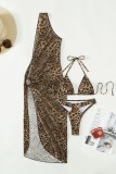 Leopard Print Sexy Print Leopard Backless Asymmetrical Swimsuit Three Piece Set (With Paddings)