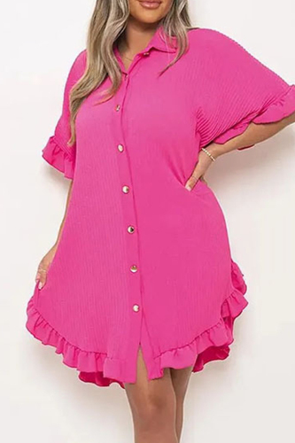 Rose Red Casual Solid Patchwork Turndown Collar Shirt Dress Dresses