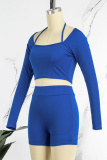 Blue Casual Sportswear Solid Patchwork Square Collar Long Sleeve Two Pieces