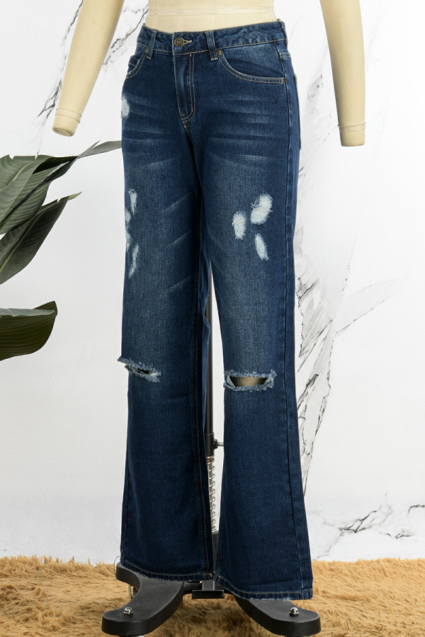 Casual Solid Ripped Patchwork High Waist Regular Denim Jeans