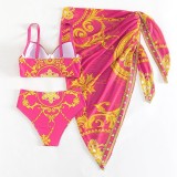 Red Sexy Print Frenulum Backless Swimsuit Three Piece Set (With Paddings)
