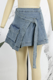 Light Blue Casual Solid Patchwork Regular Denim Skirts
