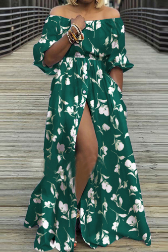Dark Green Casual Print Patchwork Slit Off the Shoulder Long Dress Dresses