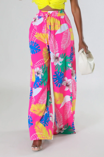 Pink Casual Print Patchwork Straight High Waist Wide Leg Full Print Bottoms