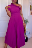 Purple Casual Daily Elegant Simplicity Solid Color Pleated One Shoulder Pleated Dresses