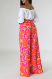 Red Casual Print Patchwork Straight High Waist Wide Leg Full Print Bottoms