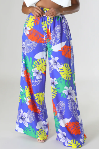 Blue Casual Print Patchwork Straight High Waist Wide Leg Full Print Bottoms