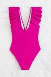 Rose Red Deep V Neck Ruffled Vacation Beach Bodycon One Piece Swimwear With Paddings