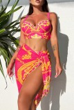 Red Sexy Print Frenulum Backless Swimsuit Three Piece Set (With Paddings)