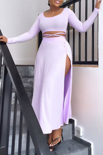 Purple Casual Solid Bandage Patchwork Slit U Neck Long Sleeve Two Pieces