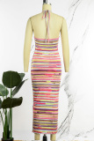 Colour Sexy Print Bandage Backless Halter Long Dress Dresses