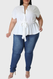 White Casual Solid Patchwork V Neck Plus Size Tops