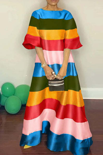 Colour Casual Striped Patchwork O Neck A Line Dresses