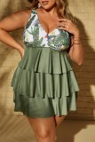 Green Sexy Print Patchwork Backless V Neck Plus Size Swimwear (With Paddings)