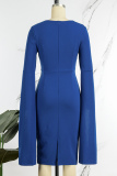 Blue Casual Solid Slit V Neck Pencil Skirt Dresses