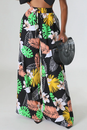 Black Casual Print Patchwork Straight High Waist Wide Leg Full Print Bottoms