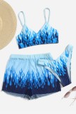 Royal Blue Sexy Print Backless Swimsuit Three Piece Set (With Paddings)