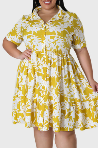 Yellow Casual Print Patchwork Turndown Collar Shirt Dress Plus Size Dresses