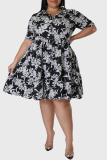 Black Casual Print Patchwork Turndown Collar Shirt Dress Plus Size Dresses