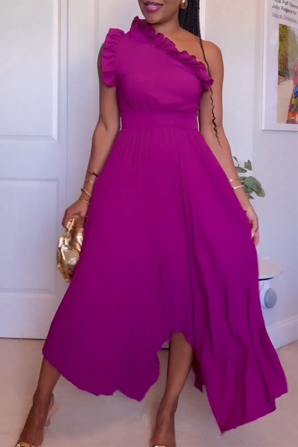 Purple Casual Daily Elegant Simplicity Solid Color Pleated One Shoulder Pleated Dresses