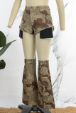 Khaki Casual Camouflage Print Patchwork Skinny Mid Waist Conventional Full Print Shorts