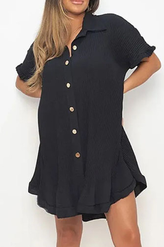 Black Casual Solid Patchwork Turndown Collar Shirt Dress Dresses