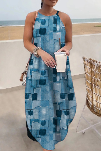 Blue Casual Print Basic O Neck Long Dress Dresses