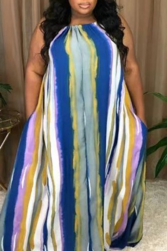 Blue Casual Print Basic O Neck Long Dress Dresses
