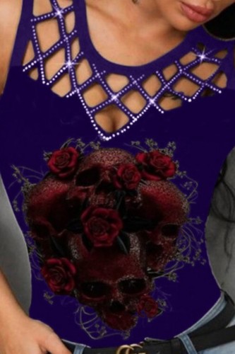 Purple Casual Print Hollowed Out Hot Drill O Neck Tops