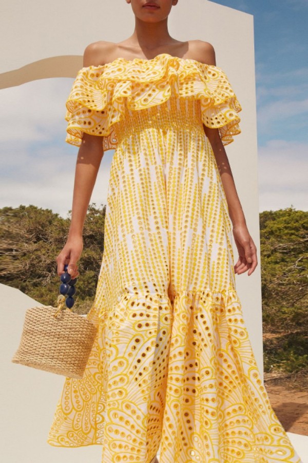 Yellow Off Shoulder Tiered Ruffled Cinch Waist Casual A Line Vacation Maxi Dress