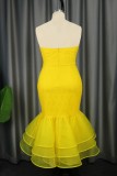 Yellow Sexy Formal Solid Patchwork Backless Strapless Evening Dress Dresses
