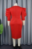 Red Casual Solid Patchwork V Neck One Step Skirt Dresses