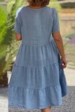 Light Blue Casual Solid Basic V Neck Short Sleeve Dress