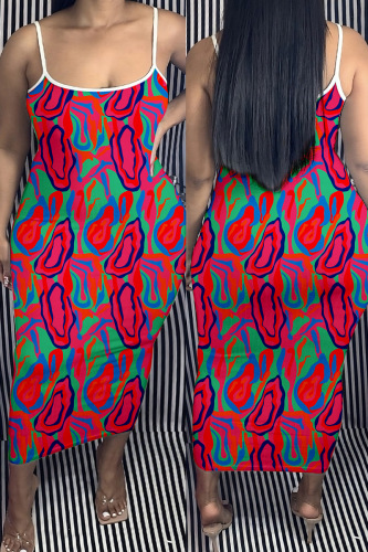 Rose Red Sexy Print Backless Spaghetti Strap Long Dress Plus Size Dresses