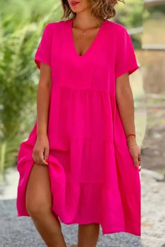 Rose Red Casual Solid Basic V Neck Short Sleeve Dress
