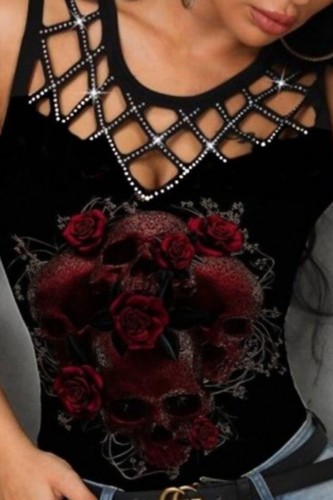 Black Casual Print Hollowed Out Hot Drill O Neck Tops