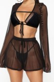 Black Sexy Solid Bandage See-through Swimsuit Four Piece Set (With Paddings)