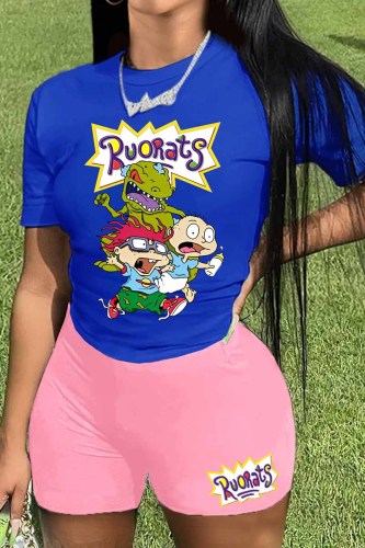 Pink Casual Character Print Letter O Neck Short Sleeve Two Pieces