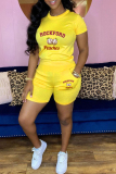 Yellow Casual Print Basic O Neck Short Sleeve Two Pieces